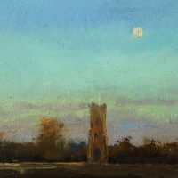 Lavenham Church Winter Moonrise. Oil on board. 6x8in, 15x20cm. SOLD