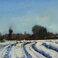 Suffolk Farm - Sunlight and Snow. Oil on board, 8"x20", 20x51cm. £800